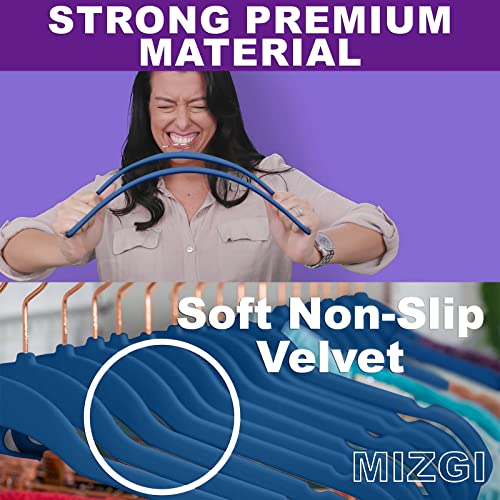 Image of MIZGI Premium Velvet Hangers (Pack of 50) Heavy Duty Non-Slip Space Saving Clothes Hangers Dark Blue - Rose Gold Hooks