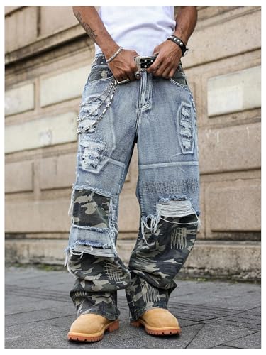 Men's Camo Graphic Baggy Jeans Y2k Ripped Wide Leg Denim Pants with Pockets Streetwear4