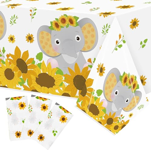 Beyumi BY-SUNFLOWER ELEPHANT TABLECOVER 3P 3Pcs Sunflower Elephant Baby Shower Party Tablecloth Disposable Plastic Waterproof Rectangular Table Covers A Sweet Little Peanut Is cover