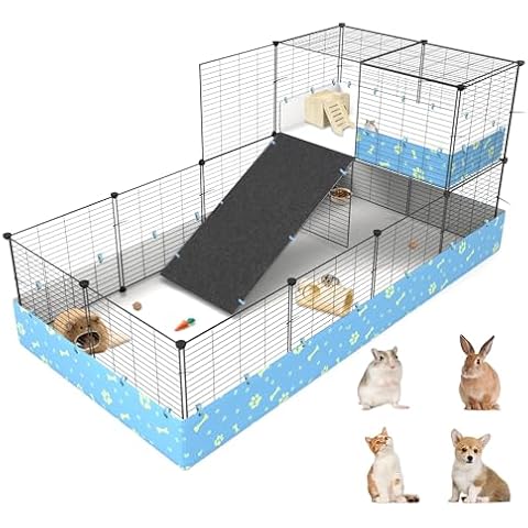 MODESLAB Guinea Pig Cages with PVC Liner, Large Loft C&C Cage for Bunny Rabbit Puppy Kitten Small Animal Playpen Indoor Outdoor Pet Exercise Metal Yard Fence, 25 Panels Cover