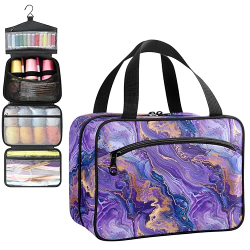 YNNALE Sewing Supply Organizer Bag, Purple Gold Luxury Fluid Art Modern Portable Sewing Bags with Pockets&Hanger, Sewing Storage Box Case for Sew Supplies/Kit/Tools/Accessories (BAG ONLY)