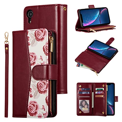 UEEBAI Wallet Case for iPhone XR, PU Leather Magnetic Closure Handbag Zipper Pocket Case Kickstand Card Holder Slots with Wrist Strap TPU Shockproof Flip Cover - Red Wine