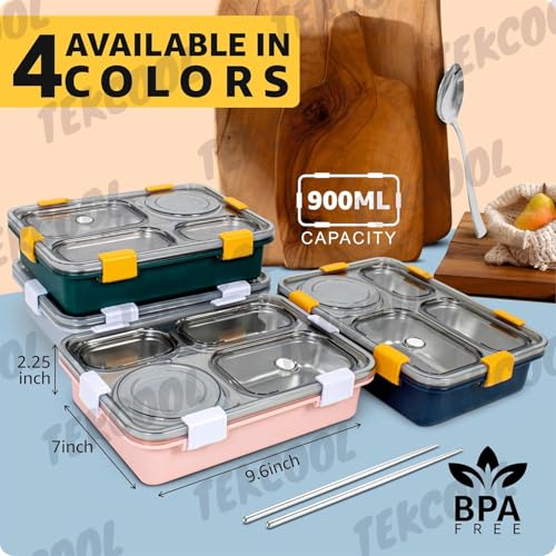 Image of TEKCOOL Lunch Box for Adults - Lunch Box for Kids with Spoon & Fork - Stainless Steel Lunch Box with 4 Compartment - Durable Perfect Size for On-The-Go Meal, BPA-Free';