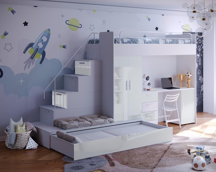 Generisch Hochbett mit Schreibtisch TOMI 5, Schrank, Treppe und Gästebett...