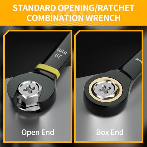 Image of GRENPRO Ratcheting Wrench Set Metric And Standard, 9PC 8-19 mm 72Th Long Big Box Open End Ratchet Wrenches Organizer With Color Ring With Roll Up Pouch With 1 Gauge, Large Combination Wrench Tool Sets