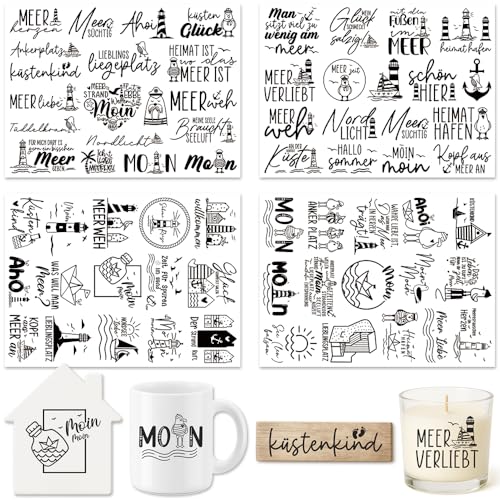 Farbeele 4 Stück Rub On Sticker UV Transferaufkleber Folie 19x14cm für Glas Holz Karten Scrapbooking DIY Handarbeiten Basteln Geschenkidee Wohndeko Party Deko Meer