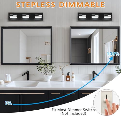 Image of LED Modern Bathroom Vanity Light Fixtures 3-Light, 19 inch Dimmable Matte Black Vanity Lights for Bathroom Lighting Fixtures Over Mirror, with 350Rotatable Acrylic Heads(White Light 5500K)
