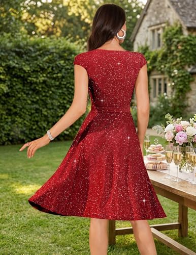 DRESSTELLS Cocktail Dresses for Women 2026 Modest Formal Wedding Guest Valentine's Day Tea Party Sequin Sparkly Knee Length Prom Dress Glitter_red L — view 2