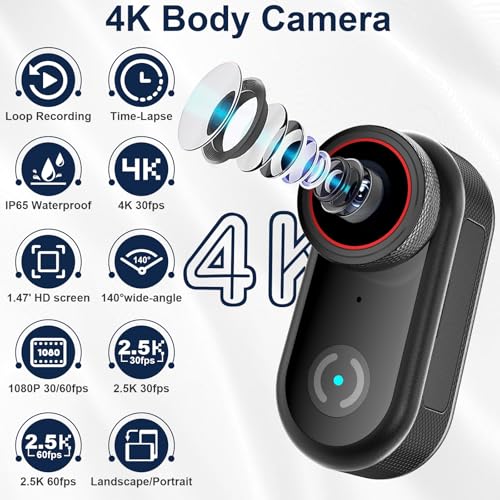 4K Mini Body Camera with 32GB, 1.47” HD Screen, APP Sharing, Thumb Camera