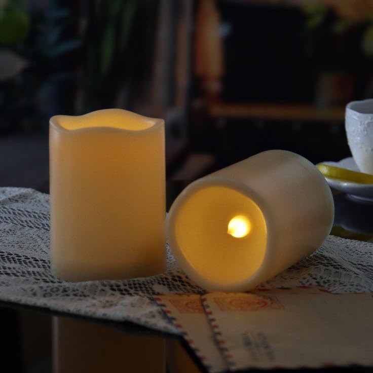 Image of iZAN 2 Pack Outdoor Indoor Flameless Candles with Timer Waterproof Battery Operated Electric LED Pillar Candle Set for Home Garden Decoration Party Wedding Supplies 3 x 4 inch