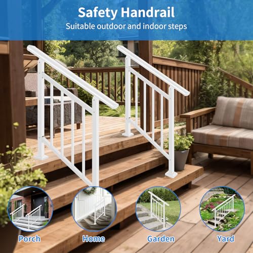 Upgrade 2 in 1 Stair Handrail&Horizontal Railing, Adjustable 4 Step Stair Railing Kit, White Wrought Iron Handrails for Outdoor Steps,Concrete,Wood, Deck and Porch Hand Rails, with Installation Kits