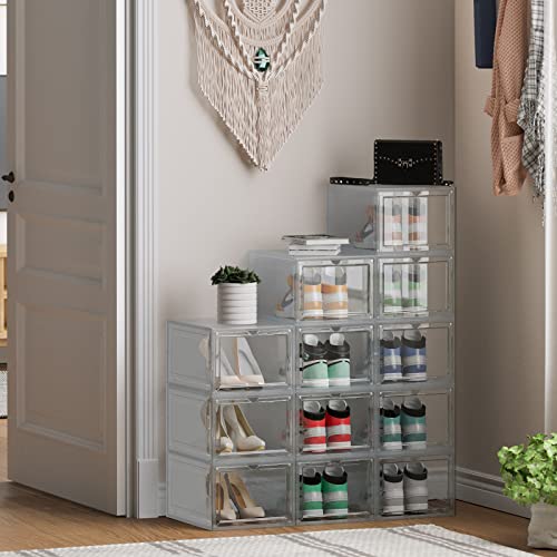 Labonida 12 Pack Shoe Storage Boxes With Lids,Stackable Clear Plastic Organizer For Closet, Foldable Storage Containers Space Saving Stacking Shoe Display Bins Holder #TOP2