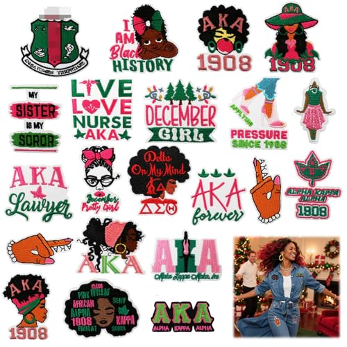 Ryetvok 21Pcs AKA Sorority Patches Iron On Embroidered Appliques, 1908 Paraphernalia Gifts for Sisterhood, Back to School DIY Craft Decals for Line Jackets Backpacks Tote Bags by Ryetvok - Used condition - US$7.71