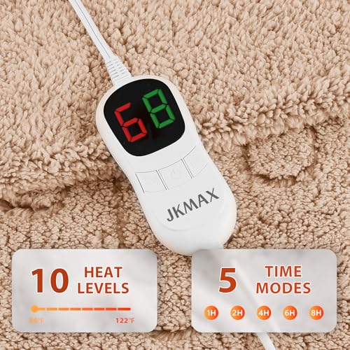 JKMAX Heated Electric Blanket King Size - 100"x90" Flannel Heating Blanket with 10 Heating Levels & 5 Time Settings Over-Heat Protection, Winter Warmer for Adults with ETL Certification（Beige）