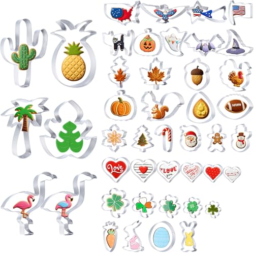 Maxdot Set of 44 Seasonal Cookie Cutters, Valentines Day Stainless Steel Molds Cookie Cutters for Valentines, Galentines, Easter, Summer, Halloween, Christmas, 4th of July, Holiday, All Seasons