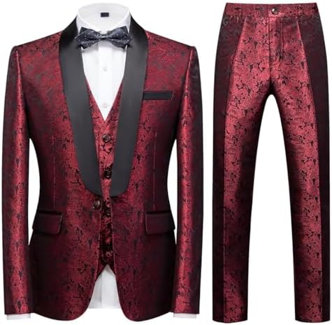 KUDORO Herenpak, slimfit, 3-delig, met één knoop, voor bal, herenkostuum inclusief sakko, vest en broek, bordeaux, M KUDORO Herenpak, slimfit, 3-delig, met één knoop, voor bal, herenkostuum inclusief sakko, vest en broek, bordeaux, M