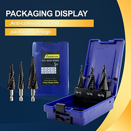 Zaamsoa Three Spiral Flute M35 Cobalt Step Drill Bit Set, 1/8"-7/8"(3Pcs) Impact Ready Three-Flute Step Bit, 1/4" Hex Shank Unibit Step Bit For Metal, Stainless Steel, Aluminum, Wood, Plastic #TOP2