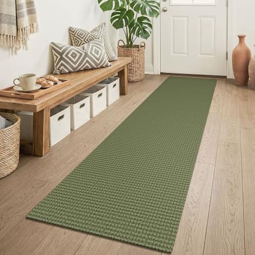 KOZYFLY Cotton 2x6 Washable Runner Rug, Non Slip Runners for Hallway, Woven Entryway Runner, Braided Floor Carpet Runner for Entry, Kitchen, Bedside, Hall, Olive Green/Earthy Green