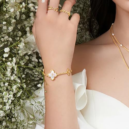 Fettero Gold Bracelets for Women Pearl Clover Charm Bracelet 14K Gold Plated 2 Sided Four Leaf Flower Dainty Chain Clover Bracelet Jewelry2