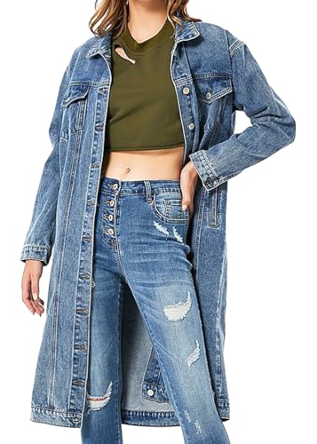 ORANDESIGNE Manteau Long en Denim pour Femme Hiver Jean Blousons à Manches Longues Bouton Manteau avec Poche Trench-coat Vintage Veste en Jean Overcoat Parka...