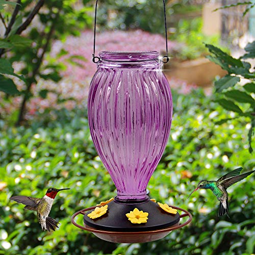 Juegoal-Glass-Hummingbird-Feeders-for-Outdoors-37-oz-Wild-Bird-Feeder-5-Feeding-Ports-Bud-Shaped-Metal-Handle-Hanging-for-Garden-Tree-Yard-Outside-Decoration-Violet