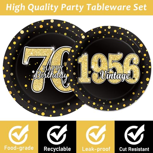 Image of 96PCS 70th Theme Birthday Party Tableware Vintage 1956 Party Supplies 70 Year Old Birthday Decorations Plates Napkins Forks Black and Gold Dinnerware Favors for Men or Women