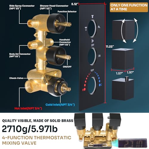 Sistema de Ducha LED de Techo HOMEDEC 12" con Cabezal de Ducha de Pared de 6", Válvula Desviadora 4 Vías, Ducha de Mano y 6 Jets de Cuerpo, Negro miniatura 4