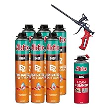 Akfix 840P Fire Block Spray Foam 6x25.3 Oz. - Orange Color Fire Retardant Polyurethane Expanding Foam Sealing on Window and Door, Paintable | Gun Use, Gun&Cleaner Included | 25.3 Oz. 6 Pack