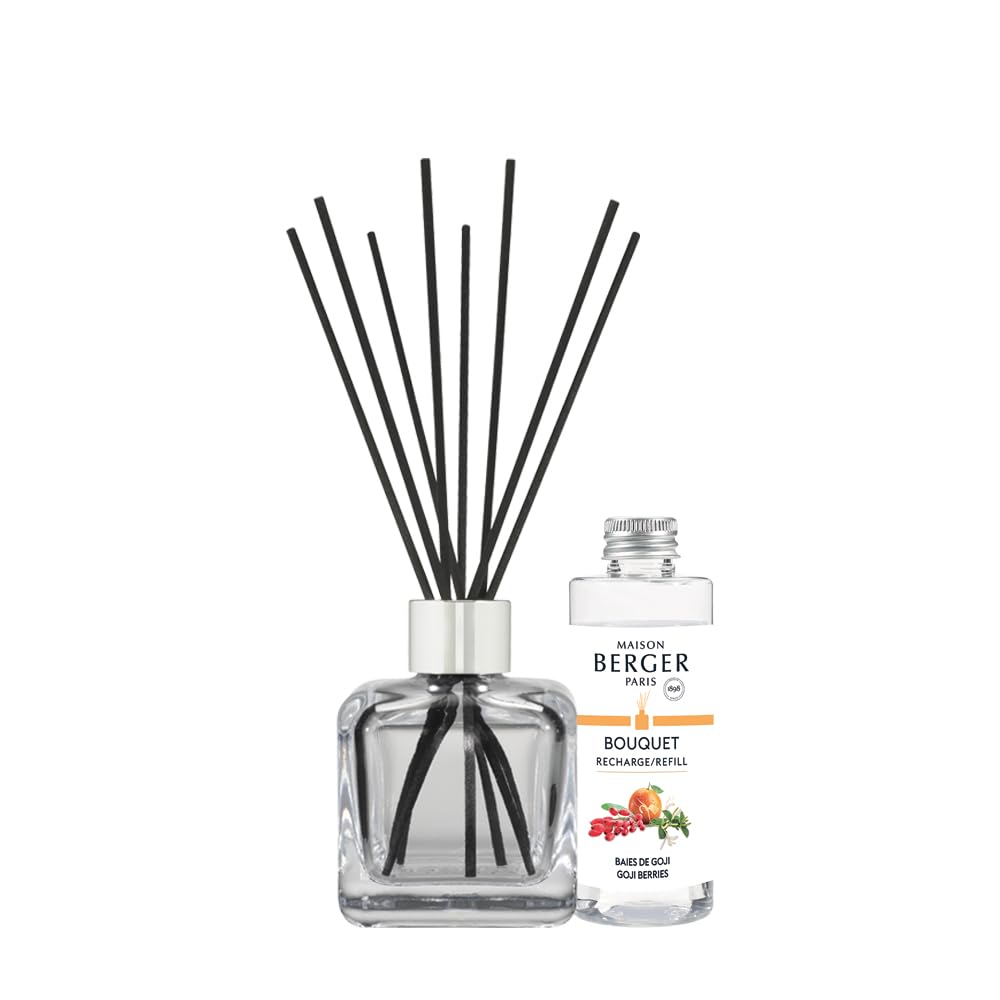 Maison Berger Clear Goji Berries Glass Reed Diffuser Scented Bouquet – 6 Black Reed Sticks With 100 Ml Fragrance Refill – Made In France