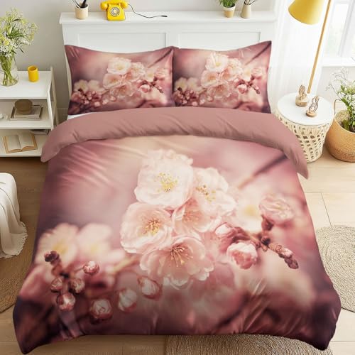 Housse de Couette Microfibre Douce 160x200 Parure Fleurs Roses