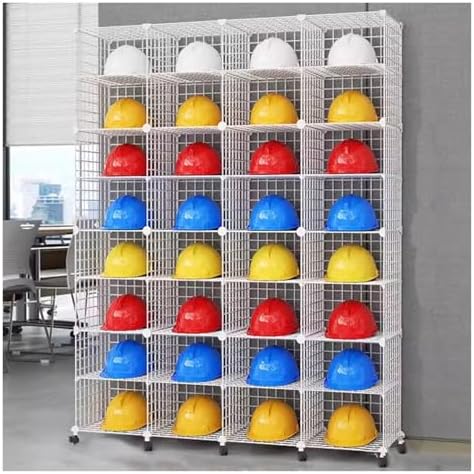 Stackable Safety Helmet Storage Boxes with Wheels - Adjustable Hard Hat Organizer Rack for Construction, Workshops, Retail - White Iron Wire Frame, 32 Grids, Efficient Display Solution