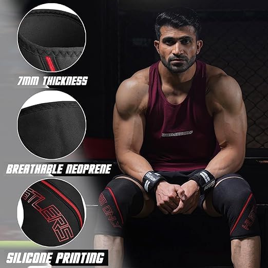 Hustlers Only Genouillères de gymnastique 7 mm pour haltérophilie, genouillères double épaisseur pour soutien, soulagement et protection du genou, paire robuste pour homme fort et femme (noir/rouge, L