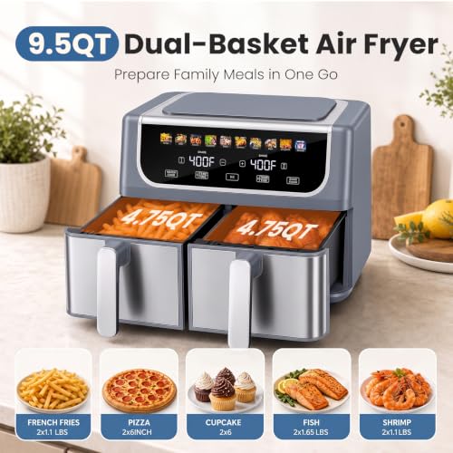 Image of OLIXIS Dual Air Fryers with 2 Baskets 9.5 Quarts Large Airfryer 10-in-1