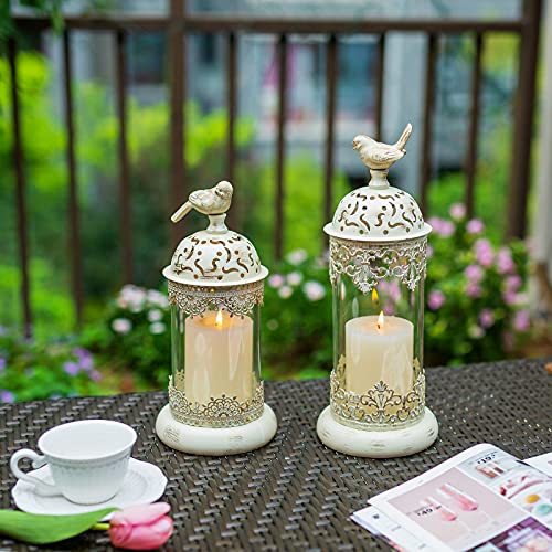 Romadedi Candle Holders Moroccan Decorative Lantern - Tabletop Decorative Accent Candle Holder For Pillar Set Of 2 For Home Living Room Mantel Patio Coffee Table Centerpiece Decor, Distressed Ivory #TOP2