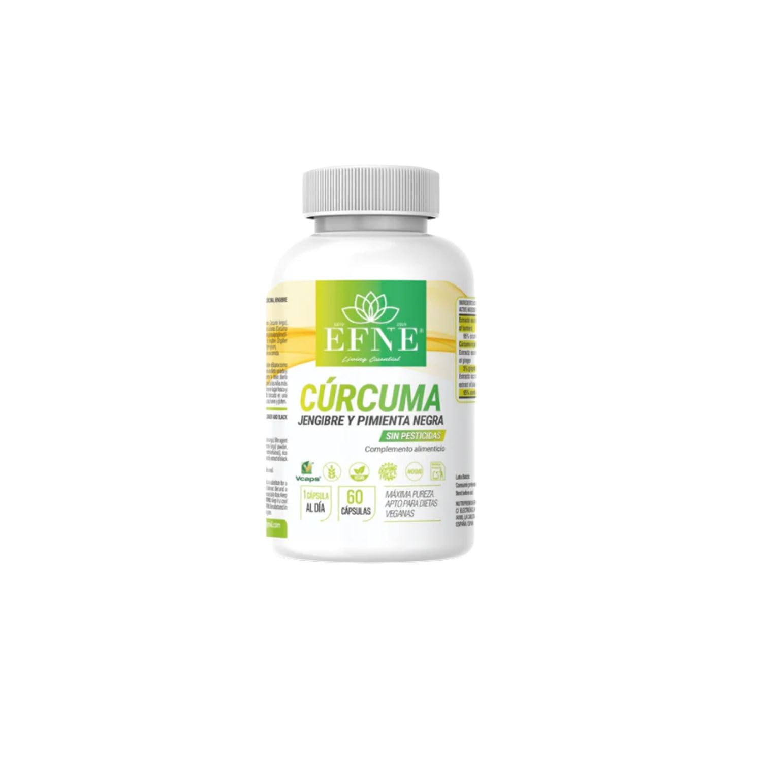 EFNE CURCUMINA FORTE – Cúrcuma + Jengibre + Pimienta Negra | 60 cápsulas veganas | Extracto de cúrcuma 95% curcumina + jengibre 5% gingeroles + piperina 95% | Sin gluten ni lactosa