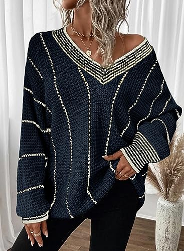 Image of Dokotoo Womens Oversized Striped Tunic Sweaters Casual V Neck Long Sleeve Color Block Knit Pullover Jumper Tops