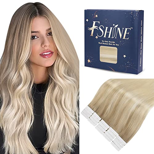 fshine Tape Hair Extensions Real Human Hair Balayage Ash Blonde to Bleach Blonde with Platinum Blonde Hair Extensions Tape 18 Inch Tape In Extensions Human Hair Tape In Human Hair Extensions 50g