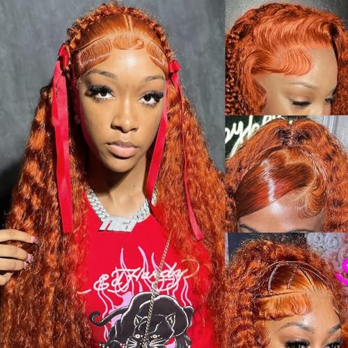 Image of 24 Inch Ginger Lace Front Wigs Human Hair 13x4 Deep Wave Lace Front Wigs Human Hair Pre Plucked 350 Orange Wet Wavy Curly Human Hair Wig 180% Density Copper Water Wave Colored Glueless Wig for Women