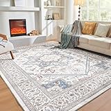 OPPODREAM Soft Neutral Area Rugs 5x7, 5x7 Washable Rug with Non Slip Backing, 5 x 7 Faux Cashmere Low-Pile Carpet, Cream White & Blue & Light Brown