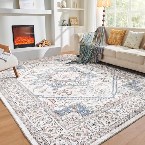 OPPODREAM Soft Neutral Area Rugs 5x7, 5x7 Washable Rug with Non Slip Backing, 5 x 7 Faux Cashmere Low-Pile Carpet, Cream White & Blue & Light Brown