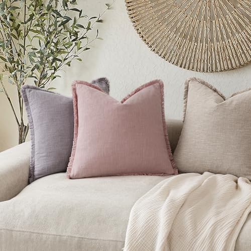 Image of Foindtower Set of 2 Decorative Linen Fringe Throw Pillow Covers Cozy Boho Farmhouse Cushion Cover with Tassels Soft Accent Pillowcase for Couch Sofa Bed Living Room Home Decor,24x24 Inch,Rose Pink