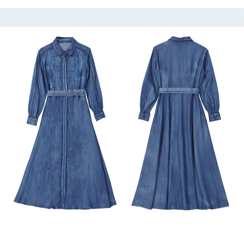 Vestido largo de mujer retro con solapa bordada, bolsillo en el pecho, corte ajustado, manga larga, para fiestas, maxi vestido vaquero con cinturón.