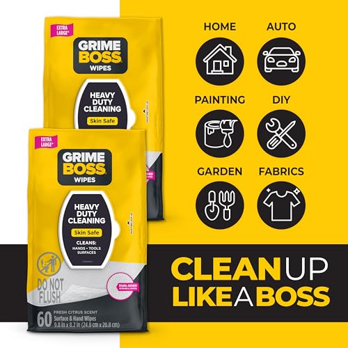 Image of Grime Boss Heavy Duty Surface and Hand Wipes (2x60ct) | Remove Paint, Oil, Grease, Adhesives, Mud, Dirt | Workshop Replace Cleaners like Rags, Towels, Pumice, Soap
