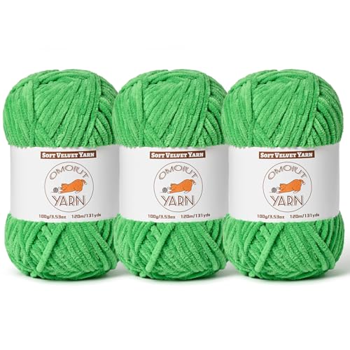Image of 3 Pack Green Fluffy Velvet Yarn for Crocheting,Chunky Chenille Baby Blanket Yarn for Crochet,Soft Fuzzy Puzzle Yarn for Knitting,(100g /3.53oz Each) Bulky Thick Amigurumi Crochet Yarns
