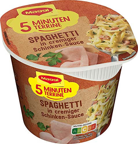 MAGGI 5 Minuten Terrine Spaghetti in cremiger Schinkensauce, leckeres Fertiggericht, Instant-Nudeln, Eiernudeln mit… – Bild 3