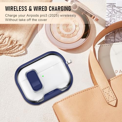 Image of Compatible Airpods Pro 3 Case (2025) with Phone Stand & Cleaner Kit,Print Soft Silicone Lock Clip Apple AirPods Pro 3rd Generation Case, Airpod Pro 3 Cover with Keychain for Women /Girls,Deep Blue