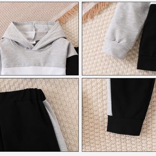 Image of 5-11Y Boys Clothes Long Sleeve Hooded Pullover Colorblock Sweatshirt + Pants 2pcs Fall Winter Outfit Set