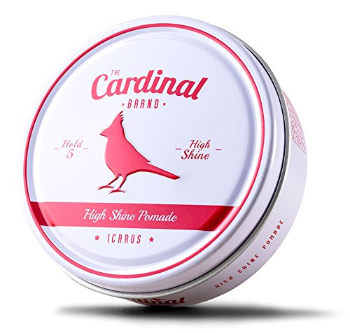 The Cardinal Brand Icarus High Shine Pomade 3.4 Ounce is a High Shine, Medium Hold, Smoothing, Conditioning, Relaxing, Defining, Styling and Grooming Pomade for Men and Women. For All Hair Types