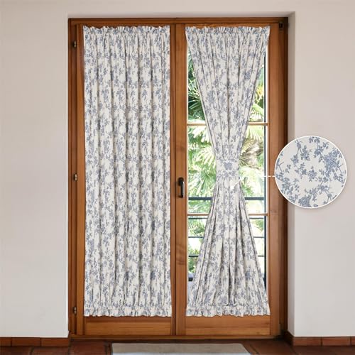 Image of Linen French Door Curtains Set of 2, Elegant Country Style Retro Orchids Front Door Curtain Dual Rod Pocket Tiebacks Included, 54 inch W x 72 inch L