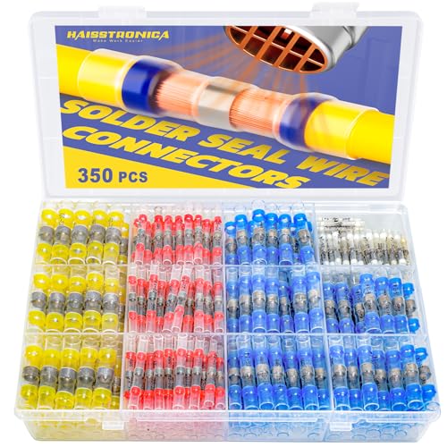 haisstronica 350PCS Solder Seal Wire Connectors Kit, 26-10 Gauge Marine Grade Heat Shrink Waterproof Butt Connectors for Electrical, Stereo, Corrosion and Weatherproof (4 Colors/4 Sizes)